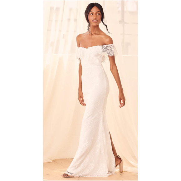 Lulus Cherished Forever White Off-the-Shoulder Lace Maxi Dress Size L - Picture 7 of 13